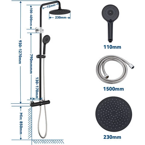 CECIPA 38 °C Colonne Doccia Termostatiche - Set Doccia Termostatico Con Doccetta E Miscelatore Doccia, Regolabile In Altezza 930MM - 1270MM (Nero+Cromo) 5 CECIPA 38 °C Colonne Doccia Termostatiche - Set Doccia Termostatico Con Doccetta E Miscelatore Doccia, Regolabile In Altezza 930MM - 1270MM (Nero+Cromo) - immagine 5