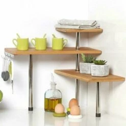 Mensola Scaffale Angolare Cucina 3 Ripiani Legno Bambu E Acciaio Mobile Angolare