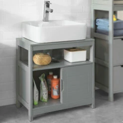 SoBuy Mobile Sottolavabo Per Bagno Con Poggiapiedi Sottolavabo Bagno Mobile Bagno Sottolavabo Grigio Scuro FRG128-SG -Hansgrohe Negozio 17038777 3
