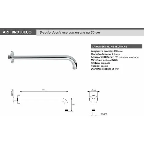 Braccio Doccia In Acciaio Inox 30 Cm -1/2 Gas Tecom BRD30ECO 300mm 2 Braccio Doccia In Acciaio Inox 30 Cm -1/2 Gas Tecom BRD30ECO 300mm - immagine 2