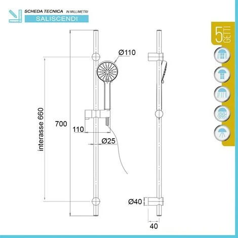 Saliscendi Doccia Nero Opaco Regolabile Con Doccino 5 Funzioni 3 Saliscendi Doccia Nero Opaco Regolabile Con Doccino 5 Funzioni - immagine 3