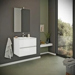 MOBILE BAGNO SOSPESO CON LAVABO 60CM E CASSETTI BIANCO LUCIDO BENACO