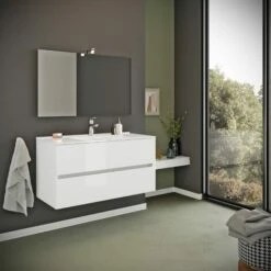 MOBILE BAGNO CON CASSETTI 100CM LAVABO E SPECCHIO BIANCO LUCIDO BENACO