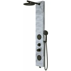 Pannello Doccia Effetto Petra Grigio Rubinetteria Nera Idromassaggio Frontale E Pioggia Con Doccino E Flessibile Incluso