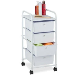 Relaxdays Carrellino Salvaspazio Con 4 Cassetti, Metallo & Plastica, Carrello Porta Trucchi Da Bagno, Multiuso, Bianco