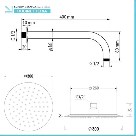 Set Doccia Cromato Con Braccio Tondo 40 Cm + Soffione Tondo 30 Cm 2 Set Doccia Cromato Con Braccio Tondo 40 Cm + Soffione Tondo 30 Cm - immagine 2