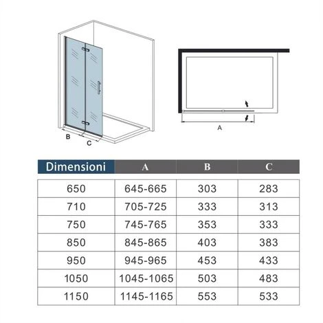 Walk In Parete Doccia Movibile 2 Pannelli Pieghevoli A Libro 65x190 Cm In Vetro 5 Mm Trasparente Temperato Anticalcare Telaio Nero Opaco 5 Walk In Parete Doccia Movibile 2 Pannelli Pieghevoli A Libro 65x190 Cm In Vetro 5 Mm Trasparente Temperato Anticalcare Telaio Nero Opaco - immagine 5