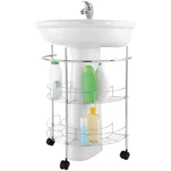 Carrello Sottolavabo In Acciaio Cromato Con 2 Ripiani E Rotelle