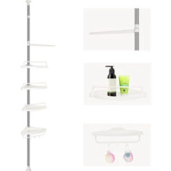 Mensola Doccia Telescopica Inox Con 4 Ripiani Bianchi Altezza Regolabile 254-304cm Bianco