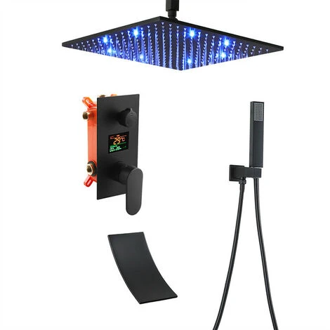 LED Sistema Doccia Con Display Digitale, Nero Colonna Doccia Montaggio A Soffitto Set Doccia Con Soffione Doccia A Pioggia, Doccetta, Cascata Rubinetto Vasca,16 Inches 1 LED Sistema Doccia Con Display Digitale, Nero Colonna Doccia Montaggio A Soffitto Set Doccia Con Soffione Doccia A Pioggia, Doccetta, Cascata Rubinetto Vasca,16 Inches