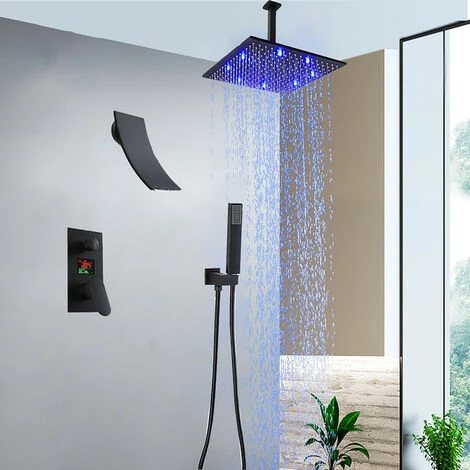 LED Sistema Doccia Con Display Digitale, Nero Colonna Doccia Montaggio A Soffitto Set Doccia Con Soffione Doccia A Pioggia, Doccetta, Cascata Rubinetto Vasca,16 Inches 2 LED Sistema Doccia Con Display Digitale, Nero Colonna Doccia Montaggio A Soffitto Set Doccia Con Soffione Doccia A Pioggia, Doccetta, Cascata Rubinetto Vasca,16 Inches - immagine 2