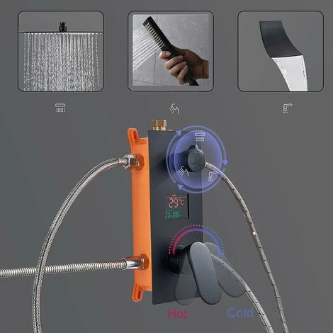 LED Sistema Doccia Con Display Digitale, Nero Colonna Doccia Montaggio A Soffitto Set Doccia Con Soffione Doccia A Pioggia, Doccetta, Cascata Rubinetto Vasca,16 Inches 4 LED Sistema Doccia Con Display Digitale, Nero Colonna Doccia Montaggio A Soffitto Set Doccia Con Soffione Doccia A Pioggia, Doccetta, Cascata Rubinetto Vasca,16 Inches - immagine 4