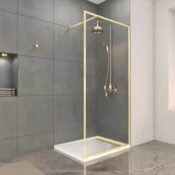 Parete Doccia 100x200cm Finitura Oro Spazzolato + Piatto Doccia Bianco 100x80x4cm