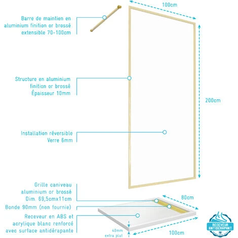 Parete Doccia 100x200cm Finitura Oro Spazzolato + Piatto Doccia Bianco 100x80x4cm 4 Parete Doccia 100x200cm Finitura Oro Spazzolato + Piatto Doccia Bianco 100x80x4cm - immagine 4