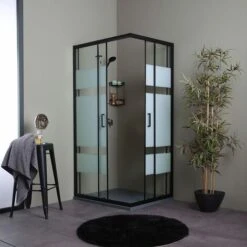 BOX DOCCIA 70X90 PROFILI NERO OPACO CON VETRO SERIGRAFATO CITY -Hansgrohe Negozio 91985641 3