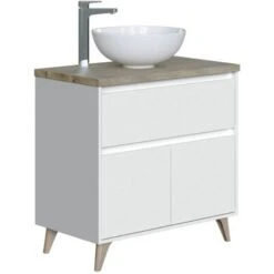 Dmora Mobile Sottolavabo Berkeley, Mobiletto Per Bagno A 2 Ante E 1 Cassetto, Armadietto Da Terra, Lavabo Non Incluso, Cm 78,5x46h80, Bianco Lucido E Olmo