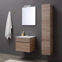 MOBILE BAGNO SOSPESO DA 60 CM CON CASSETTO, SPECCHIO E LAVABO QUERCIA SOLE
